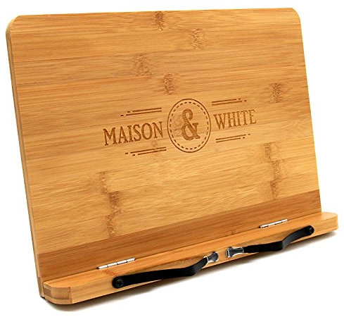 Bamboo Cookbook & Tablet Stand – Heavy-Duty Foldable Adjustable 6‑Angle Reading Holder with Protective Page Clips – Kitchen, Study & Music Support | M&W