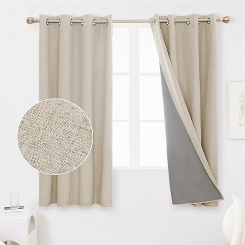 Deconovo Full Blackout Curtains Thermal Insulated Energy Efficiency Eyelet Bedroom Blackout Curtains with Coating Back Layer 46 x 54 Inch Light Linen 1 Pair