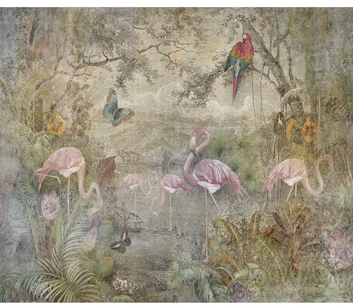 decomonkey Fototapete Tiere 200x140 cm Tapete Fototapeten Vlies Tapeten Vliestapete Wandtapete moderne Wand Wandbild Schlafzimmer Wohnzimmer Flamingo Papagei Pflanzen Urwald Blumen Bäume Vintage