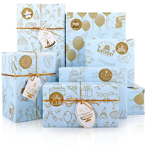MAMUNU Himmelblau Geschenkpapier Geburtstag, 6 Blatt Metallisches Gold Geschenkpapierbögen, Happy Birthday Geschenkpapier mit Aufkleber Geschenkanhänger, Geschenkverpackung für Geburtstag, 70x50cm