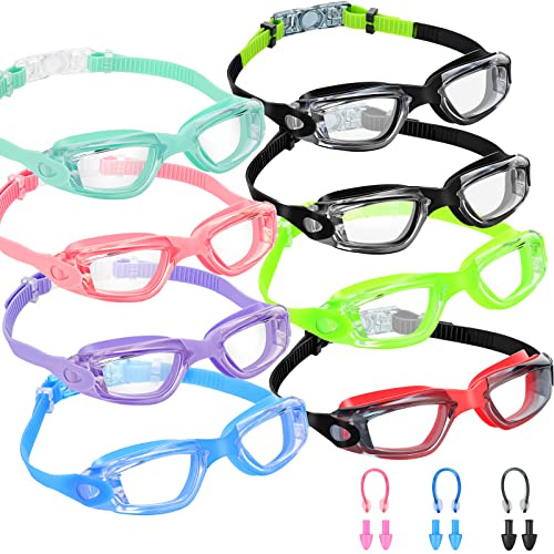 Fabbay 8 Pcs Swimming Goggles No Leaking Pool Goggles for Kid Adult UV Protection Swim Glasses Waterproof Nose Clip Earplug(Cool Style)