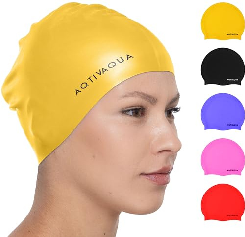 AqtivAqua Swim Cap for Women Swimming Cap for Men Adult Kids 6-14 Girls Boys Youth Hat (Yellow color, Adult size)