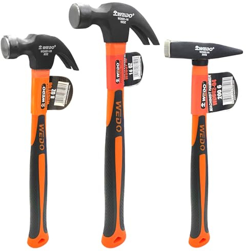 WEDO 3PCS Juego de Martillo de mecánico,200g+226g(8oz)+450g(16oz),Maza de Alto contenido de carbono,Herramienta de Carpintero,Martillo de Peña de fibra de vidrio