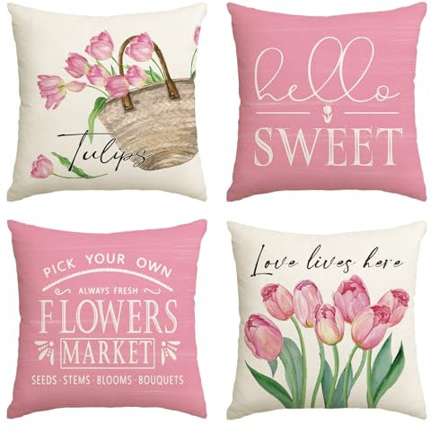 Artoid Mode Tulpen Tulips Korb Hello Sweet Frühling Kissenbezüge 4er Set, 50x50 cm Saisonnal Zierkissenbezug Couch Wohnzimmer Deko