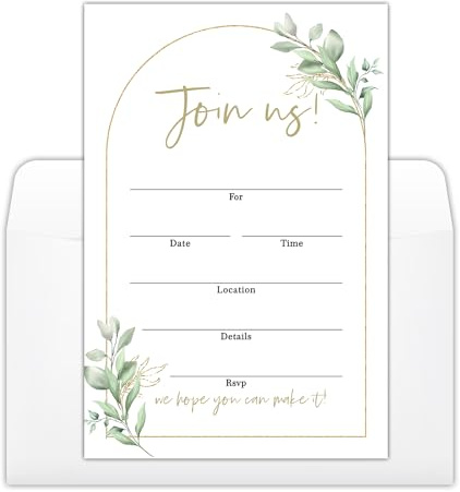 YUEXLL Set of 25 Greenery Invitations with 25 White Envelopes, Join Us Fill-in Invites Cards Fit All Occasion for Birthday, Engagement, Wedding, Bridal Shower, Anniversary Party - 01