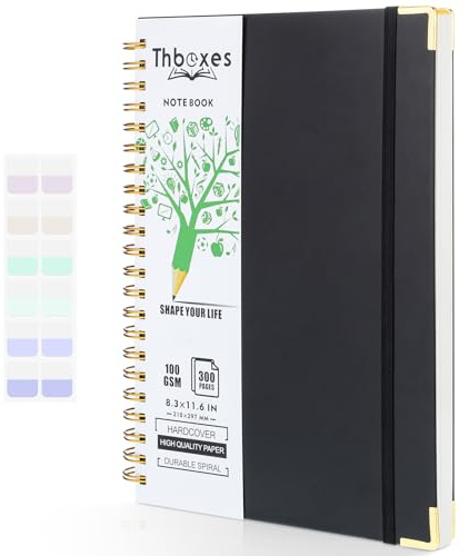 A4 Spiral Notebook, 300 Pages/150 Sheets Wirebound Spiral Notepad 100gsm Thick Paper Journal Notebook with Index sticker，Pocket，Elastic Band Notebook for Business Office School Travel 29.7x21cm Black