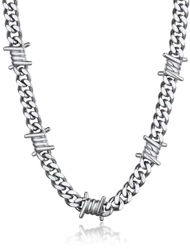 Bandmax Barbed Wire Cuban Chain Necklace for Women Men 9MM Stainless Steel Thorns Choker Necklaces 18 Inches Punk Emo Chains Jewelry