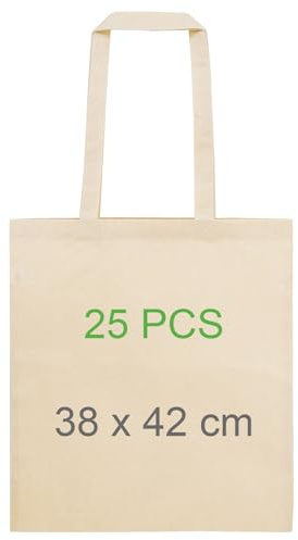 Adri 25 Bolsas de algodon con asas - Bolsa de Tela Para Pintar - 38x42cm 144g/m2 - Tote bag de la compra Asas Largas - para Transportar - Grande reutilizable. (25 Piezas)