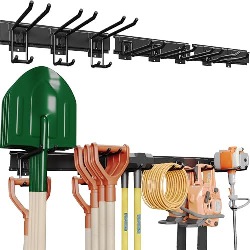 BONTEC Étagère de Rangement Pour Outils de Garage avec Bouton, Organisateur Robuste Pour Outils De Jardin avec une Capacité Maximale de 215KG, Porte Outils avec 8 Crochets Métalliques Réglables, Noir