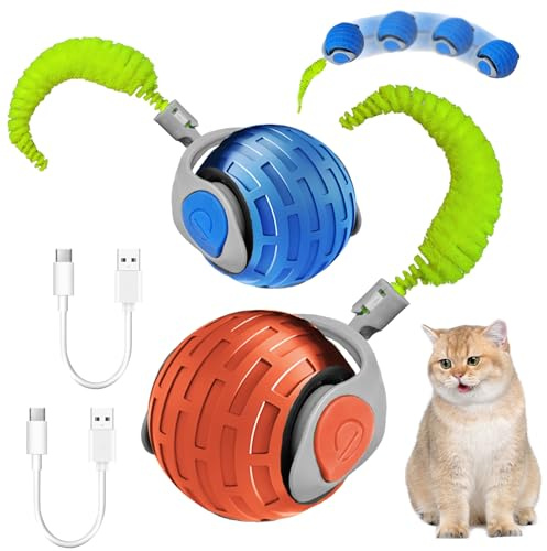 Giocattolo interattivo per gatti, 2 pezzi, palla da gioco interattiva con coda per gatti, giocattolo automatico per gatti, palla elettrica a 360 gradi, palla per gatti da interni, blu e rosso