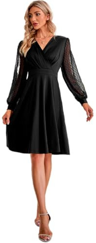 Hanaoops Kleid Damen V-Ausschnitt Swing Knielang Coctailkleid Mesh Polka Dot Langarm Festliche Kleider Vintage A Linie Knielang Partykleid für Hochzeit Abendkleider Herbst Winterkleid Ballkleid