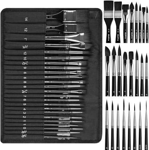 Nicpro 24 Pieces Pinceles Acuarela Profesionales de Pelo sintético de Ardilla con Rollo de Tela: Redondos, delineadores, Planos, Lengua de Gato, Daga, para Acuarela y Gouache