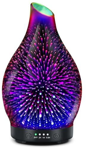 Essential Oil Diffuser -3D Firework Glass Aromatherapy Diffusers for Essential Oils with 4 Timer Setting Auto Shut-Off Silent Operation 7 Colors Lights Changing for Room, Office, Yoga