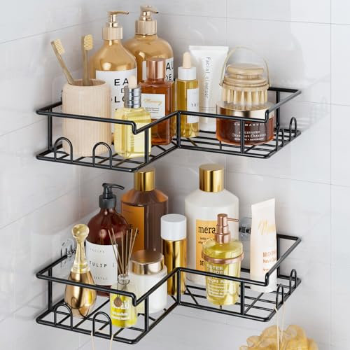 Vinabo Corner Shower Caddy, 2 Pack Rustproof Bathroom Shelves, Shower Shelf No Drilling, Adhesive Bathroom Organiser Accessory with Hooks, Black