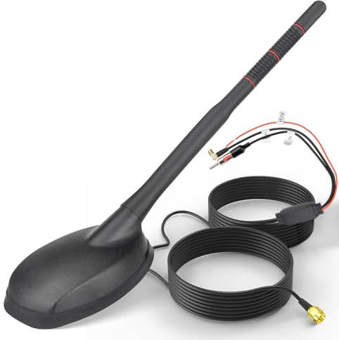 Eightwood Antenna Attiva per Auto DAB+/DAB/FM/GPS – Amplificatore di Segnale Integrato con Antenna Universale per Tetto, Connettori SMB/SMA, Adattatore DIN, Divisore e Cavo di Estensione 5M