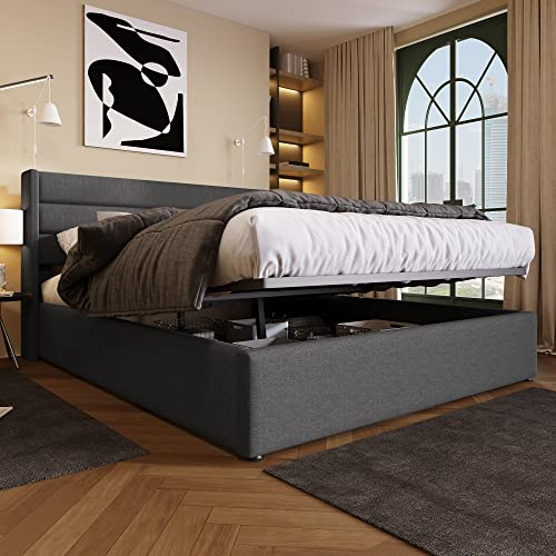 Oxtao - Letto imbottito 160 x 200 cm, letto matrimoniale idraulico con rete a doghe e cassetta del letto, letto con testiera alta, struttura in metallo, lino, per adulti e ragazzi (grigio, senza