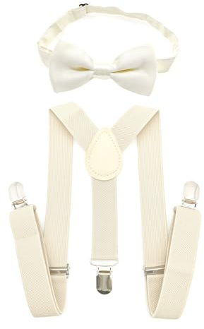 JZK Elfenbeinweiß Kinder-Fliege und Hosenträger-Set für Jungen unter 135 cm, verstellbare Y-förmige Cremeweiß Hosenträger mit Fliege für kleine Jungen für Hochzeit Party Verkleidung Kostüm