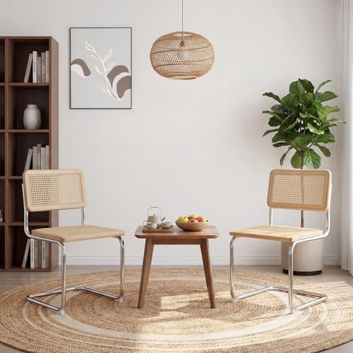 Zesthouse Cantilever Rattan Dining Chairs Set of 2, Mid-Century Modern Undyed Wooden Kitchen Chair with Natural Cane Mesh, Boho Accent Chair for Home