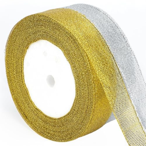 Rosband gyllene silver, 2 rullar band till jul, 22 meter presentband guld silver, brett presentband dekoration, för bröllop födelsedag jul gör-det-själv pyssel dekoration (A)