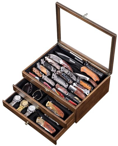 Large Knife Display Case, 3-Tier Pocket Knife Organizer and Storage Box with Transparent Lid & Drawer, for Folding Knife and Dagger Collections, Ideal Men's Gift(Walnut)