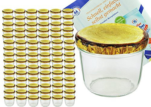 Set di 100 barattoli in vetro da 230 ml, per conserve e marmellate, coperchio To 82 effetto legno, quaderno per ricette incluso