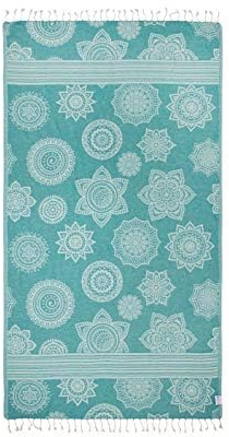 InfuseZen Turkish Bath & Beach Towel – Reversible Medallion Design - 100% Organic Turkish Cotton - Soft, Lightweight, Absorbent Peshtemal -Quick Dry, Sand Free- For Pool, Gym, Throw, Travel- Sea Green