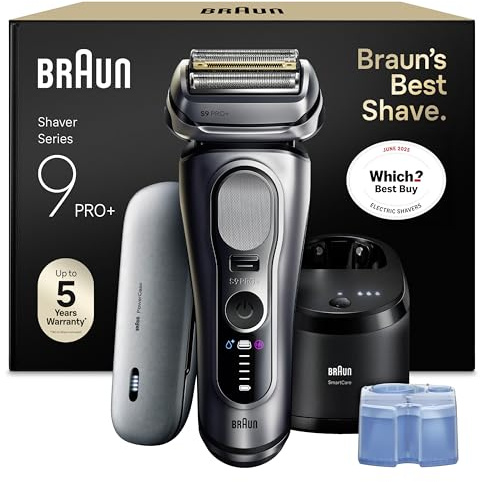 Braun Electric Shavers Series 9 PRO+ Electric Shaver Men, 5+1 Ultra Thin Precision Blades, Wet & Dry Razor for Men, Pro SensoAdapt, Up to 60 min, PowerCase, 6in1 SmartCare Center, 9677CCE, Silver