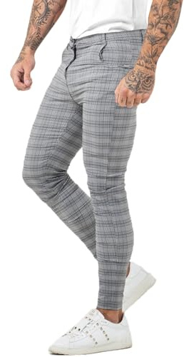 GINGTTO Skinny Trousers Men Flex Smart Plaid Chinos Check Casual Stretch Pants Grey 30 Waist 30 Leg