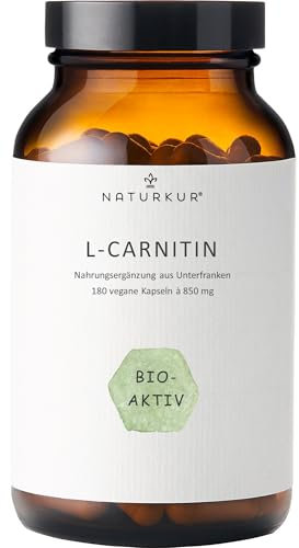 Naturkur® L-Carnitin 850mg (3400mg Tagesportion) - 180 vegane Kapseln im Apothekerglas, laborgeprüft, ohne Zusatzstoffe, hergestellt in Unterfranken