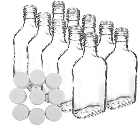 Do It At Home 10x 200ml Clear Glass Flask Bottles with Airtight White Metal Screw Caps - Empty Mini Bottles for Home Brewing, Gin, Vodka, Spirits, Liqueurs, Oils & DIY Party Favors