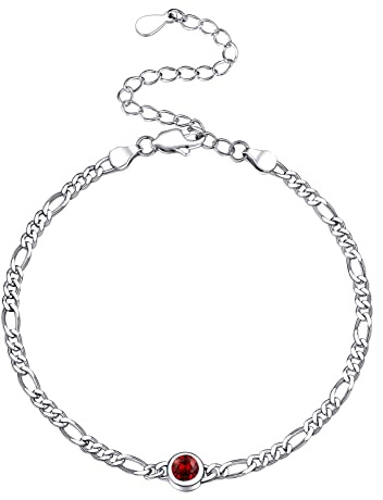 PROSILVER Kedjekedja för kvinnor Silver 16 cm, 3 mm Figaro Kedjearmband prydd med syntetisk granat