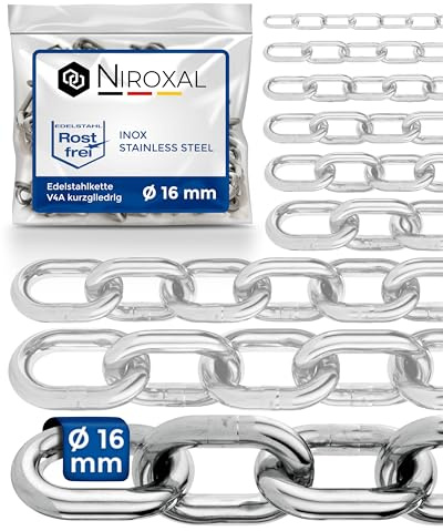 150 cm = 1,5 m 16 mm tjock ankarkedja, säljs per meter, V4A metallkedja, korta länkar i ett stycke, svängkedjor, A4, DIN 56856, järnkedja, DIN 766, rostfri barriärkedja, rostfritt stål, 1,5 m