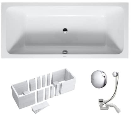 VBChome Badewanne 180x80 cm Duravit Acryl SET – Rechteckige Design-Badewanne inkl. Styroporträger, Siphon & Ablaufgarnitur Chrom – Modern, Weiß, 180 x 80 cm Wanne für Badezimmer
