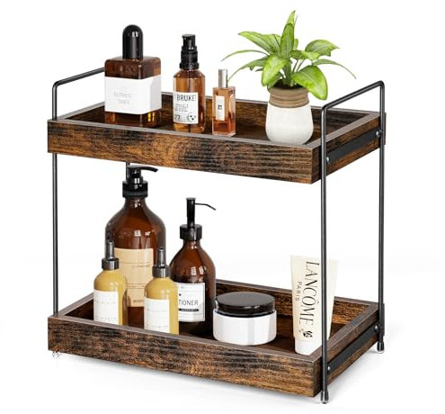 2-Tier Bathroom Countertop Organiser, Wooden Bathroom Trays for Counter, Dressing Table, Rectangle Cosmetic Organizer Tray, Makeup Cosmetic Storage Rack for