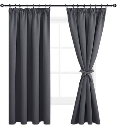 DWCN Dark Grey Curtains Blackout Curtains for Bedroom Thermal Insulated Pencil Pleat Window Drapes for Living Room with Tiebacks 46 x 54 inch Length, Dark Grey, 2 Panels