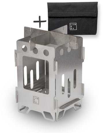 LAMBDA COFFEE® NOMAD Mini Hobo KocherEdelstahl | Campingkocher mit Aufbewahrungstasche | Kleiner Outdoor Kocher | Steckbarer Holzofen Stove für Outdoor Abenteuer | Mini Holzofen 7x7x13cm