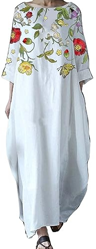 Cocila Vestito Verde Acqua Maculato Donna Cerimonia, Soprabito, Tutoni Eleganti, Abito Lungo Estivo in Cotone, Vestito di Jeans (White, XXL)