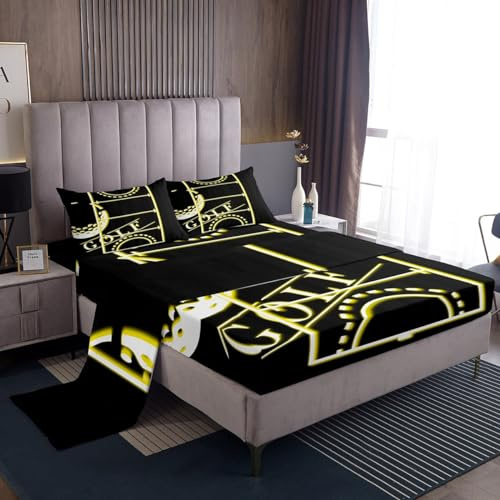 Erosebridal Sport Bed Sheets Set for Adults Women Men Golf Twin Size Sheet Sets, Black Yellow Sheets Gold Gradient Neon Bed Set, Sports Themed Flat Sheet Breathable 3 Pieces