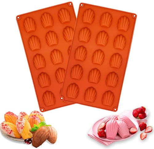 Nenkarn Mini teglie da forno per Madeleine, 2 mini vassoi in silicone per madeleine, stampo per madeleine, stampi per madeleine, stampi per torte Madeline, cioccolato (15 cavità, rosso)