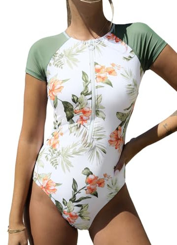 CUPSHE Damen Badeanzug High Neck Kurzarm Reißverschluss vorne Rash Guard Blumenmuster Einteilige Bademode Swimsuit Olivgrün/Tropisch M