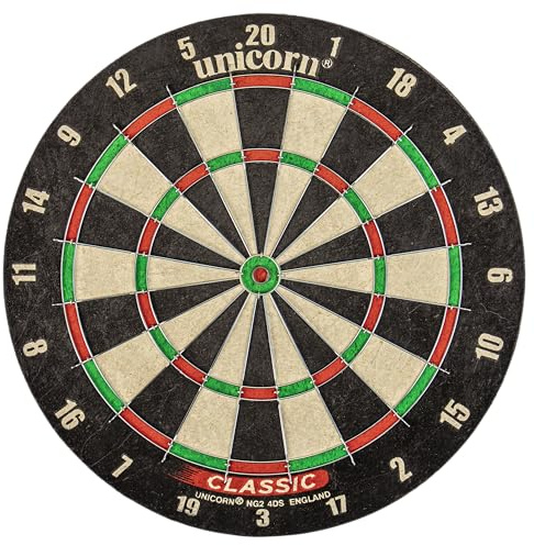 Unicorn Classic Bristle Dartboard - Official Size for Tournaments - Reduced Bounce Outs with Rounded Wire Dividers - Made with Standard Quality Sisal - Staple-Free Bullseye