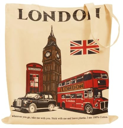 MINIMARG Printed 100% Cotton Tote Bag Souvenir for Presents | London Canvas Gift Bag | Reusable UK Shopping Bag | Size 38x42cm+65cm long Handle