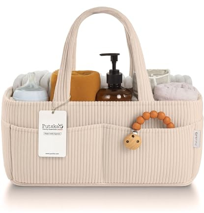 PUTSKA Baby Diaper Caddy Organizer for Changing Table – Stylish Nursery Storage Basket, Newborn Essentials, Baby Shower Gifts and Registry Must-Haves for Boy or Girl, Car Diaper Caddy, Corduroy Cream