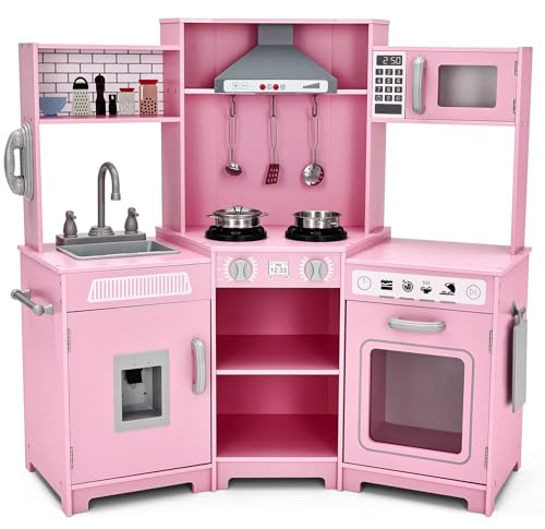 JOYLDIAS Kids Play Kitchen,Corner Wooden Pretend Toddler Kitchen Toys Playset with Realistic Lights & Sounds,Microwave Oven,Water Dispenser, Phone, Sink,Cooking Accessories, for Ages 3+, Pink