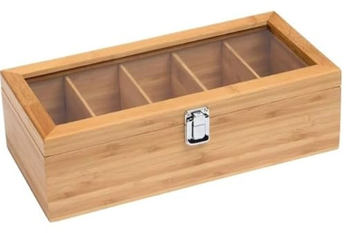 ASelected Teebox 5 Fächer Bambus Klappdeckel Tee Organizer mit Acryl-Glasdeckel 30 x 10 x 9 CM Teebeutel Organizer für Aufbewahrung von Gewürzen Backzutaten Kaffeebohnen Schmuck usw