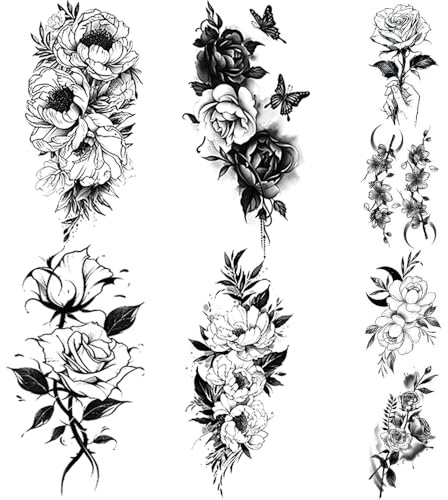 Yesallwas 8 Sheets Black Flower Tattoo Sleeves Temporary Water Transfer Sticker Peony Rose Tattoos Girl Sexy Arm Tatto Body Art