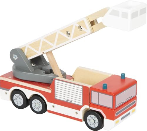 small foot Feuerwehrauto mit Drehleiter aus Holz, Spielfahrzeug mit 360°-drehbarer Leiter und Korb, Spielzeug für Rettungseinsätze, ab 2 Jahren, 12638