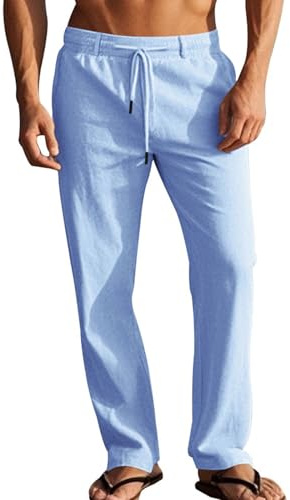LAOARA Herrbyxor av Bomullslinne för Sommar Yoga, Casual, Långa med Elastisk Midja Herr M-2XL, Blå, XXL