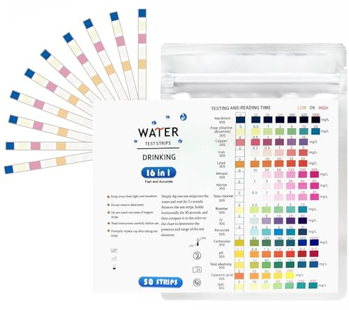 25x 16in1 Trinkwasser Teststreifen，Pool und Schwimmbad，Wassertester für Leitungswasser, Pool und Schwimmbad，Gesamthärte, Blei, Kupfer, Nitrat, pH-Wert & mehr