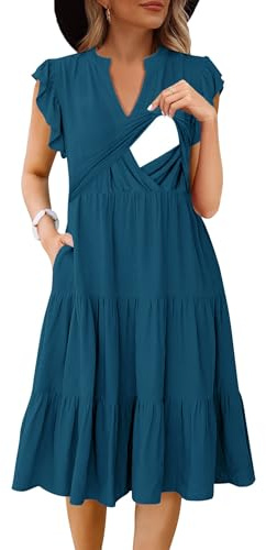 CzzzyL Nursing Dress for Women Breastfeeding Babydoll Maternity Ruffle Cap Sleeve V-Neck Flowy Swing Tiered Sundress with Pockets(Blue,Medium)